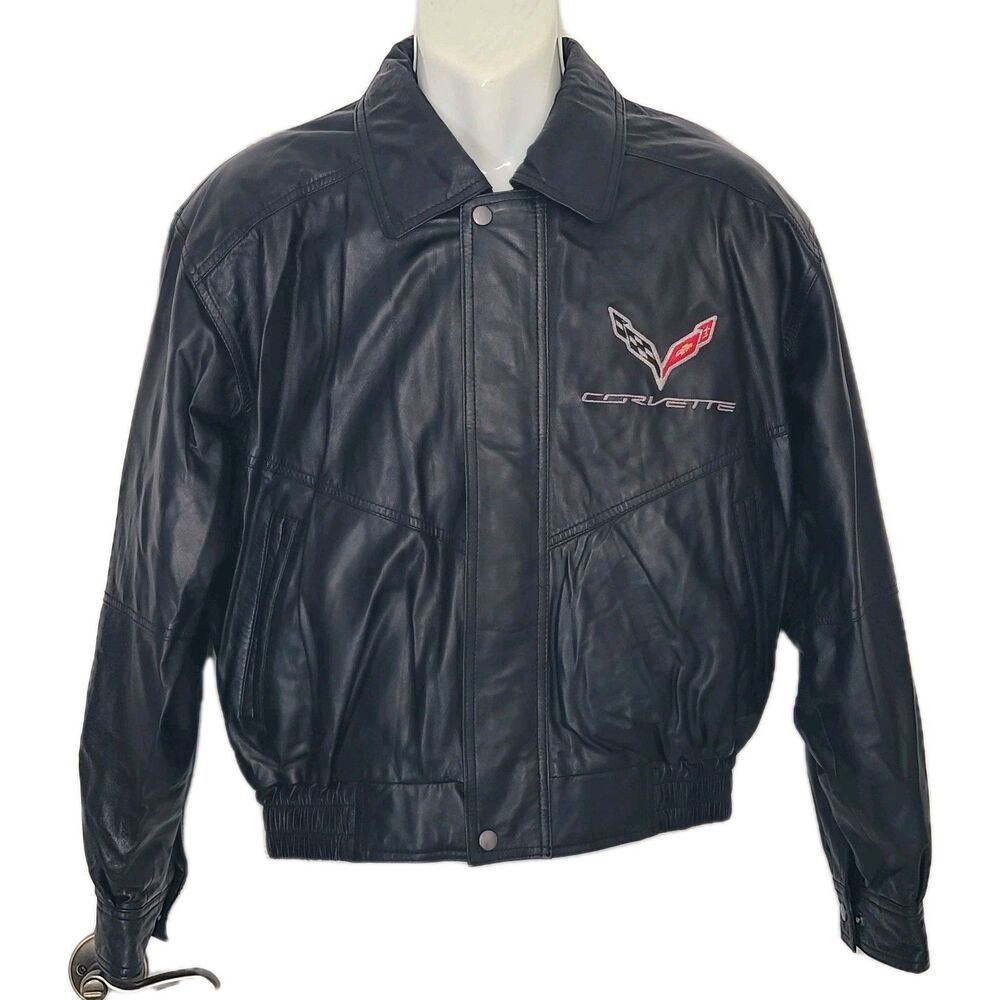 Corvette Leather Jacket Mens Sz S Black Bomber Coat Embroidered Car Racing NEW